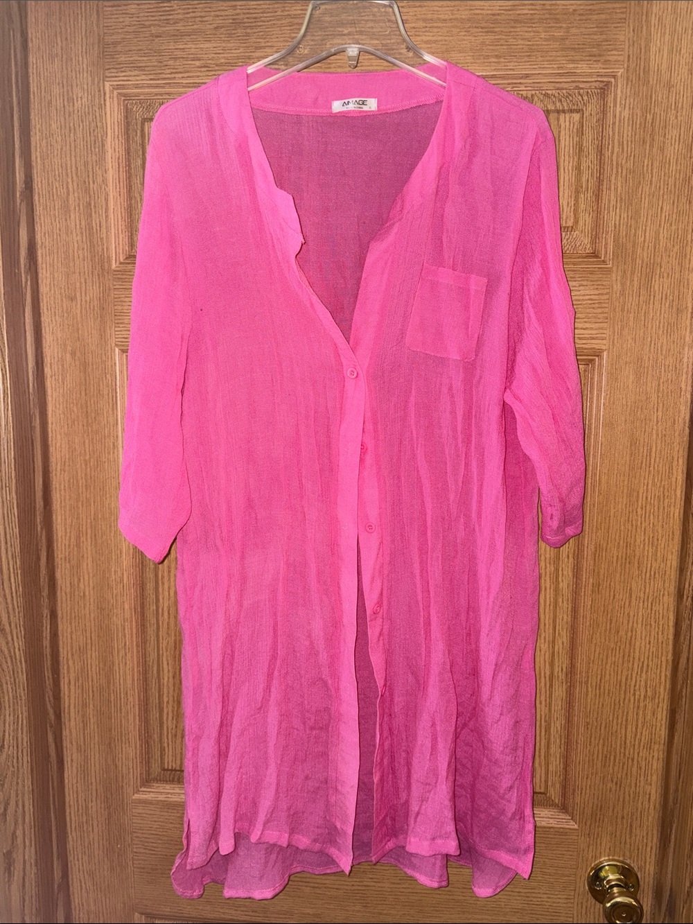 Bright Pink Sheer Button-Front Swim Coverup